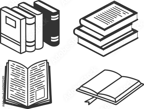 Vector art of collection of four stylized book illustrations, including stacked books, open books, and a row of books