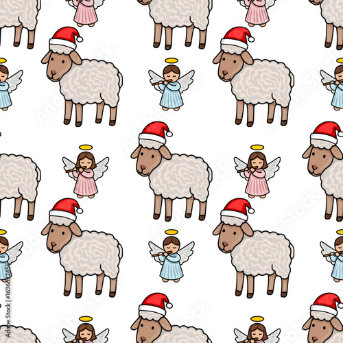 Seamless vector pattern featuring adorable cartoon sheep wearing Santa hats and angels playing flutes, creating a charming Christmas nativity scene illustration.