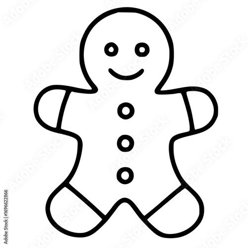 Delightful vector illustration of a simple gingerbread man cookie, featuring a minimalist line art style with bold outlines and a cheerful expression, perfect for holiday designs.