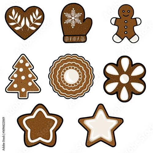 A vector illustration of nine unique gingerbread cookies, featuring heart, mitten, gingerbread man, Christmas tree, mandala, flower, and two star shapes, each with distinct icing designs in brown a...