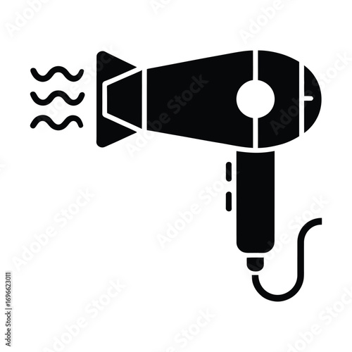 Black silhouette icon of a hair dryer with wavy heat lines