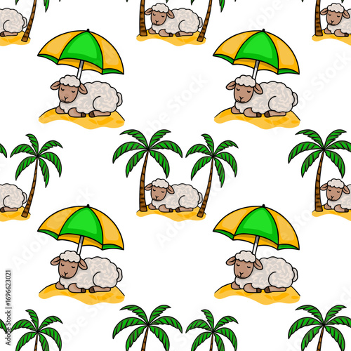 Seamless vector pattern of cute cartoon sheep relaxing under beach umbrellas on tropical islands, surrounded by palm trees, creating a playful summer vacation vibe.