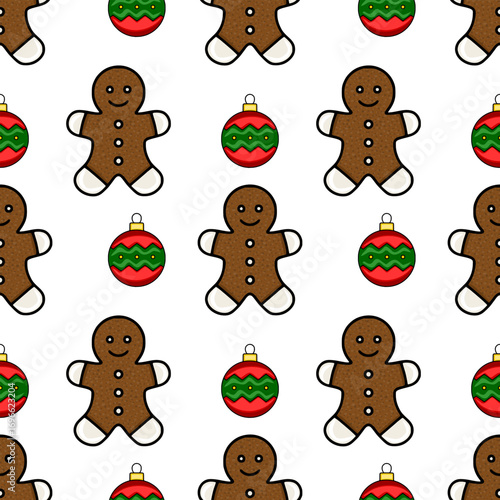 Seamless vector pattern featuring cheerful gingerbread men and festive Christmas baubles in a repeating design, perfect for winter holidays and festive celebrations.