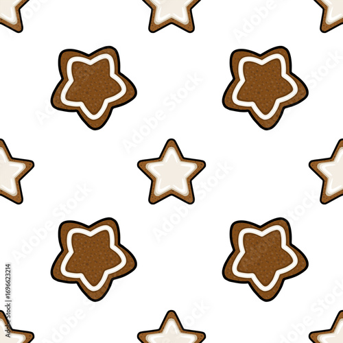 Seamless vector pattern of star-shaped gingerbread cookies with brown and white icing, perfect for festive winter designs and holiday backgrounds.