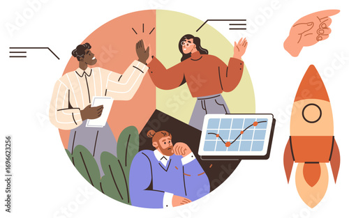 Team members exchanging a high-five, chart indicating progress, rocket symbolizing growth, and hand gestures for guidance. Ideal for teamwork, success, growth, achievement, leadership business
