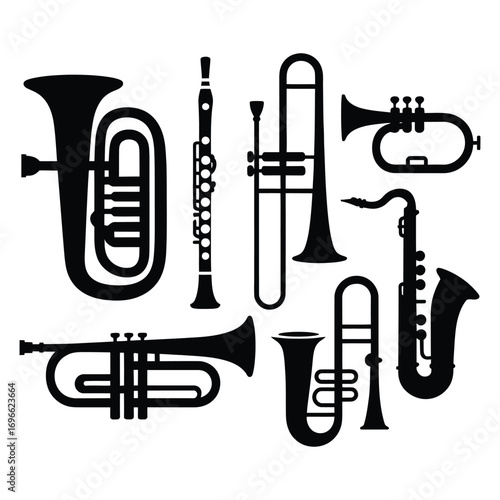Collection of silhouetted brass and woodwind musical instruments