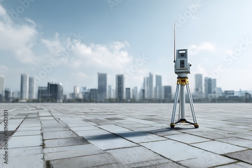 Side view of a geomatic surveyor’s 3D scan equipment placed in an open urban plaza, realistic details of paving stones and blurred city skyline in the distance