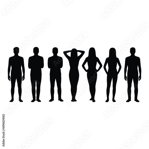 Black silhouettes of seven diverse people standing in a row
