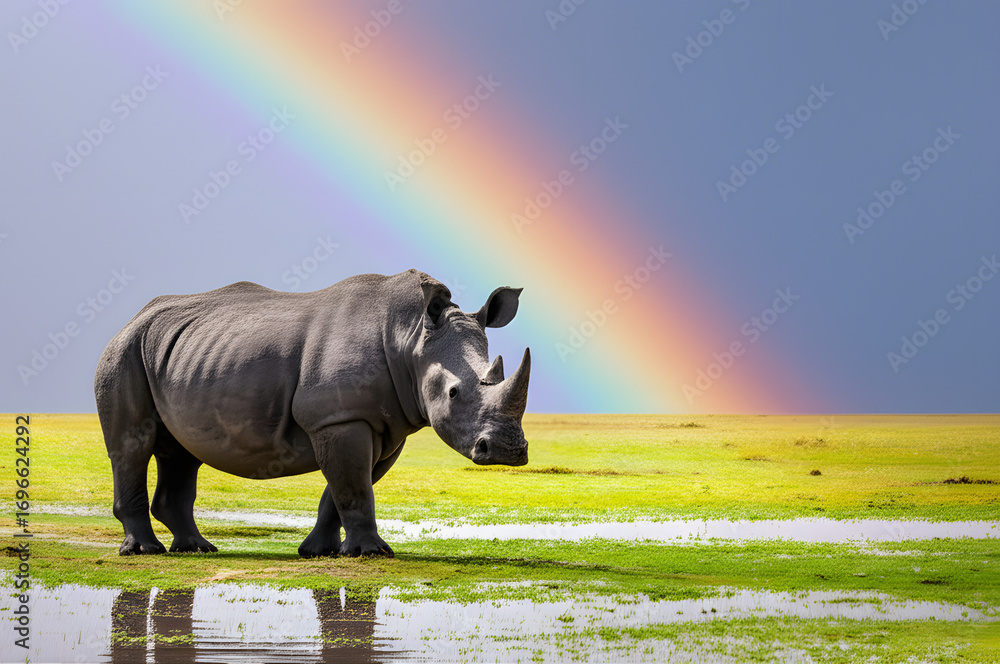 Obraz premium Majestic Rhinoceros Standing Proudly Under a Vibrant Rainbow in African Savannah Landscape
