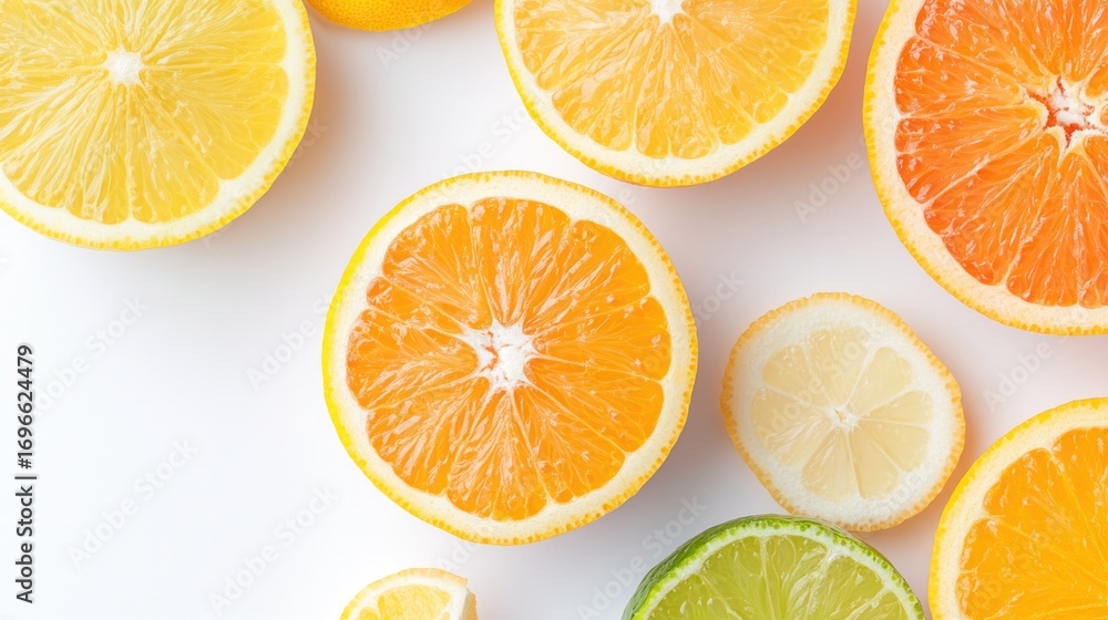 Obraz premium Zesty Citrus Slices: A vibrant assortment of freshly cut citrus fruits bursts with juicy color and texture. Perfect for healthy eating, culinary creations, and visual appeal.