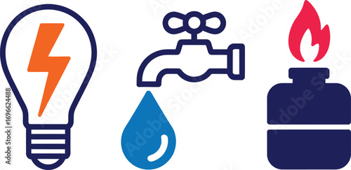 Icons for electricity water and gas power energy