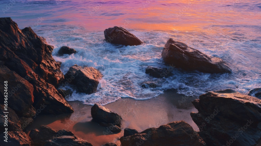 Obraz premium Waves crash against rocks on a sandy beach under a pastel sunset sky Ocean