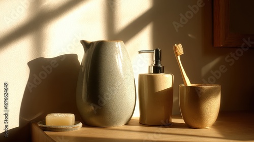 Bathroom accessories on a shelf with natural light.
