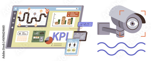 Tablet screen with performance metrics, analytics charts, and KPIs alongside a security camera scanning area. Ideal for business analytics, data monitoring, surveillance, performance tracking