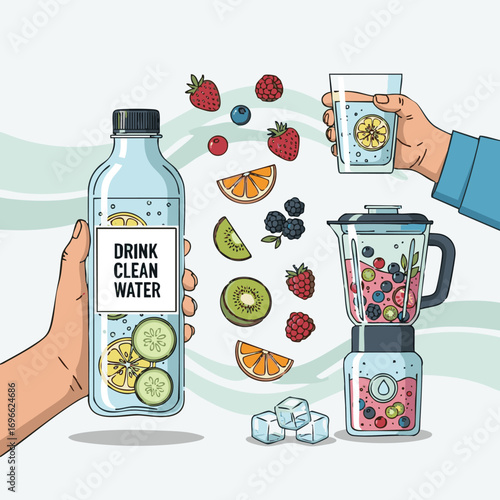 need Drink clean water. People holding bottle and glass. Potable reusable plastic bottles, healthy drinks with fruits and berries. Shakes and liquids decent vector.