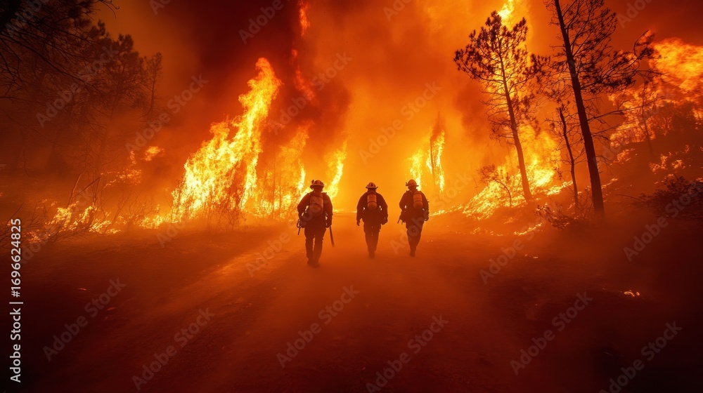 Fototapeta premium Firefighters walking away from wildfire