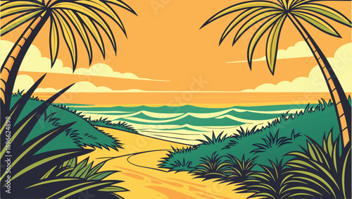 Two palm trees frame a vibrant sandy beach leading to ocean waves beneath sunny skies