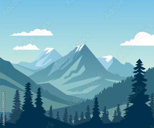 Silhouette of mountains and coniferous forest landscape Vector illustration
