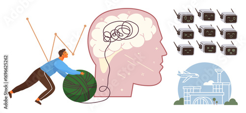 Person pulls green yarn untangling brain confusion, robots display varied emotions, airplane and airport represent exploration. Ideal for mental clarity, emotion, technology, progress, travel