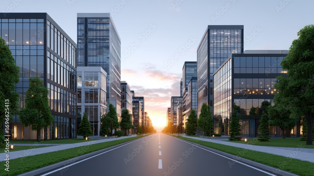 Fototapeta premium Modern city buildings at dawn architectural splendor in urban landscape imagery