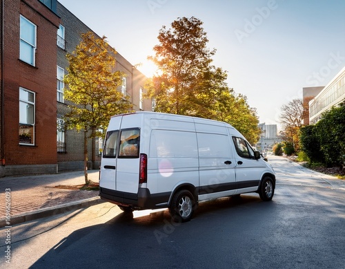white cargo van parked on a quiet city street ideal for delivery transit and commercial branding