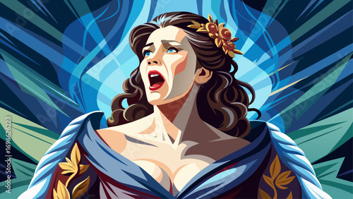 : Close-up portrait of female opera singer in gown singing passionately. Isolated background symbolizes grace, voice, and timeless art.