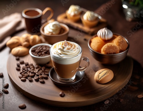 indulge in a creamy coffee topped with whipped cream and served with sweet snacks