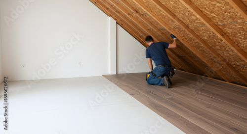 Man installing laminate flooring in attic with sloped roof  