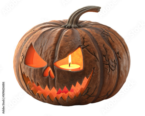Realistic Carved Pumpkin Jack-o'-Lantern with Glowing Candle Inside
