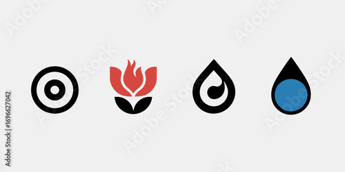 Four Abstract Icons: Target, Flower, Swirl, and Drop