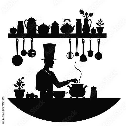 Silhouette chef cooking with top hat and kitchenware