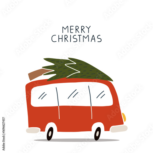 Red van car carrying a Christmas tree, festive holiday greeting card. Vector illustration with Merry Christmas text.
