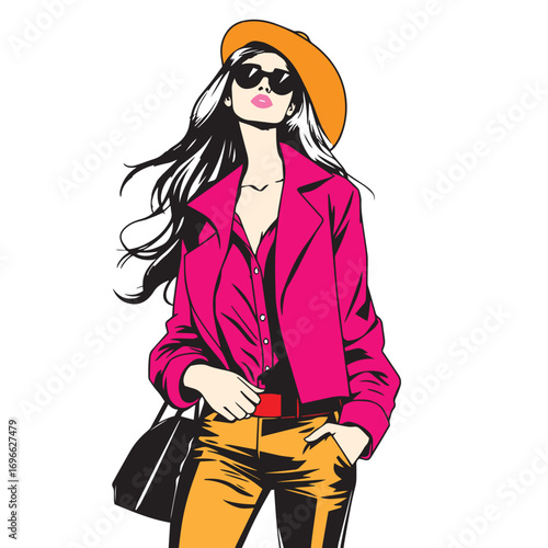 Trendy woman illustration in chic attire vector design illustration.