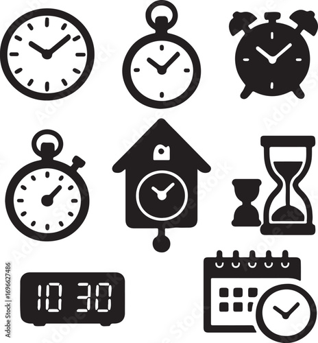 Set of Time and Clock Silhouettes – Vector Clipart Featuring Wall Clocks, Alarm Clocks, Pocket Watches, Hourglasses & Timers