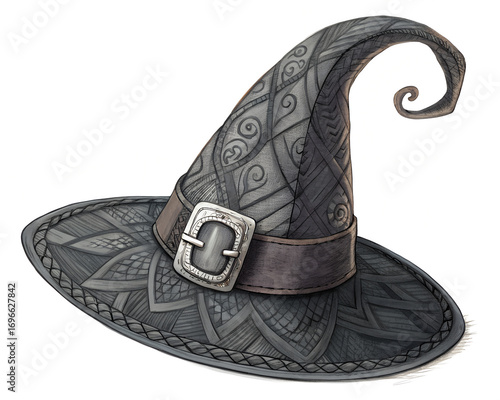  Detailed Fabric Witch Hat with Curled Tip and Silver Buckle, Transparent Background,Witch Hat with Curled Tip and Shiny Silver Buckle