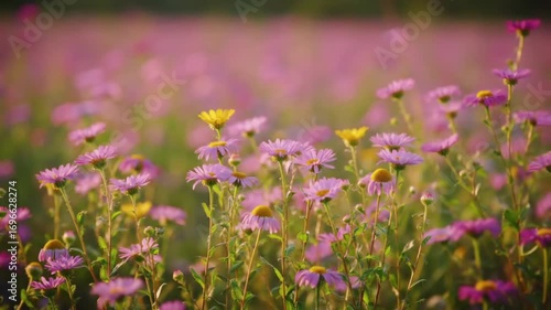 Field of Blooming Flowers: A breathtaking panorama of vibrant lavender flowers and scattered yellow accents, showcasing the captivating beauty of nature's artistry under the warm embrace of sunlight.
