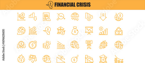 Financial crisis icons representing economic downturn and financial instability.Editable stroke. Vector illustration

