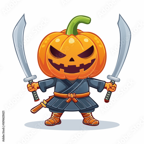 Halloween Pumpkin Ninja Character Holding Swords