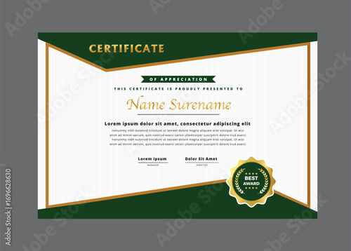 Elegant certificate of appreciation award design with golden and green theme