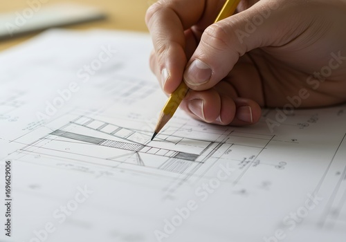 Architect's Hand Sketching Architectural Blueprint with Pencil Design, Plan, Drawing, Project Concept.
