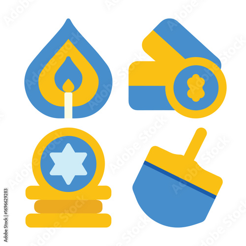 Blue yellow Hanukkah symbols candle dreidel gelt star David jewish holiday