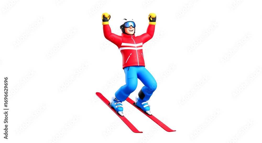 Obraz premium triumphant cartoon skier 3d render of joyful victory celebration, airborne, isolated on transparent background