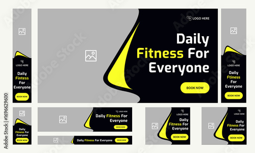 Trendy body fitness services web bundle banner design for social media post, daily exercise methods web set banner design, fully customizable vector eps 10 file format