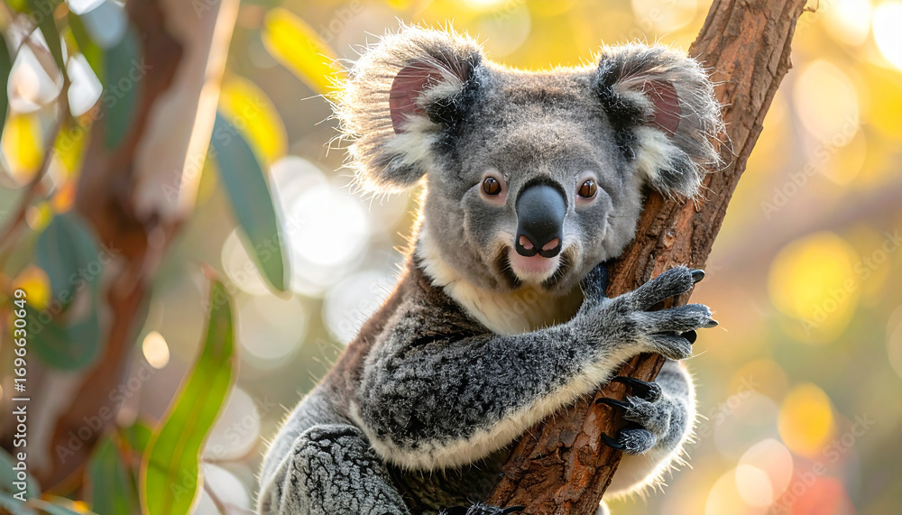 Obraz premium Koala marsupial clings to tree in sunlight, symbolizing survival and hope for vaccine development in wildlife conservation efforts