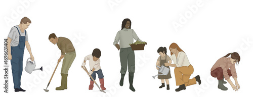 Architectural people/ character in elevation view - people and children gardening - 2D- transparent png- standing and walking men and women- Stylish and fashionable people