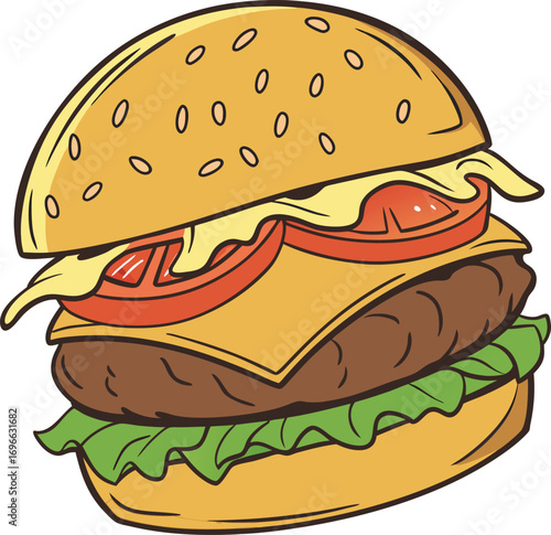 Vector art of a delicious cartoon illustration of a cheeseburger with lettuce, tomato, and cheese, isolated on a