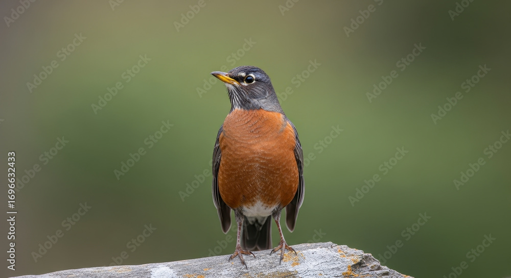 Fototapeta premium American Robin Bird Sitting on a Rock Facing Left with a Blurred Green Background