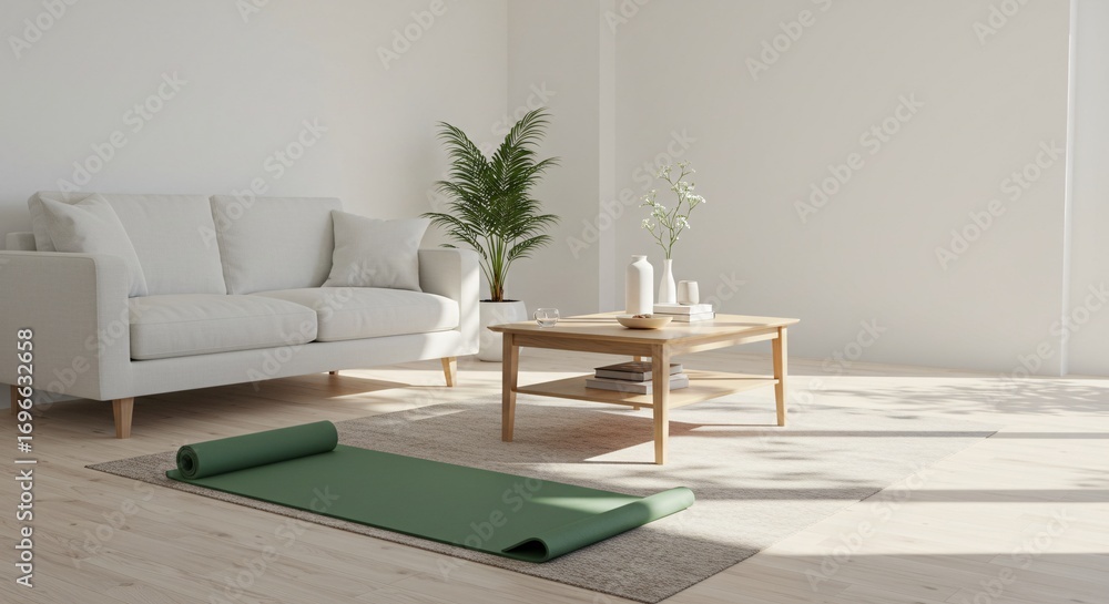 Fototapeta premium Serene minimalist living room with a green yoga mat, ideal for home fitness, meditation, or tranquil relaxation, illuminated by soft natural light