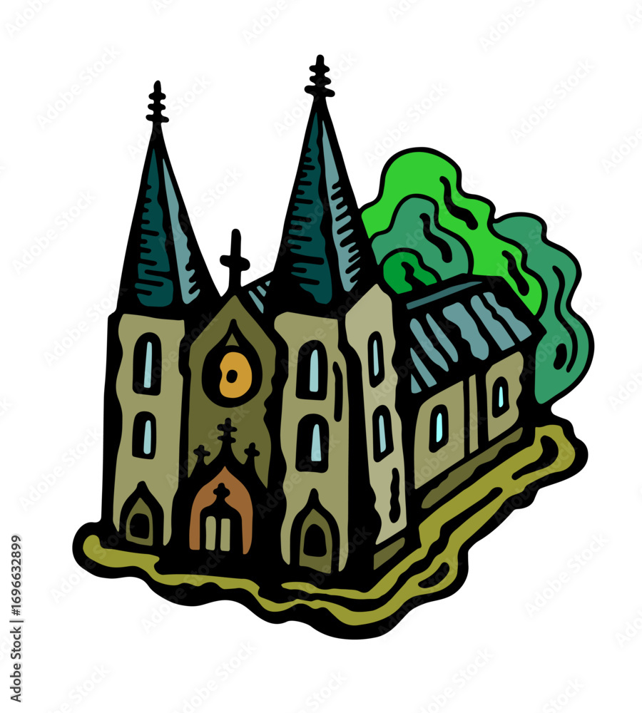 Naklejka premium Color vector illustration of a catholic gothic temple with two pointed spires on a white isolated background