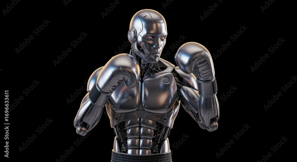 Naklejka premium Futuristic Robot Boxer in Fighting Stance